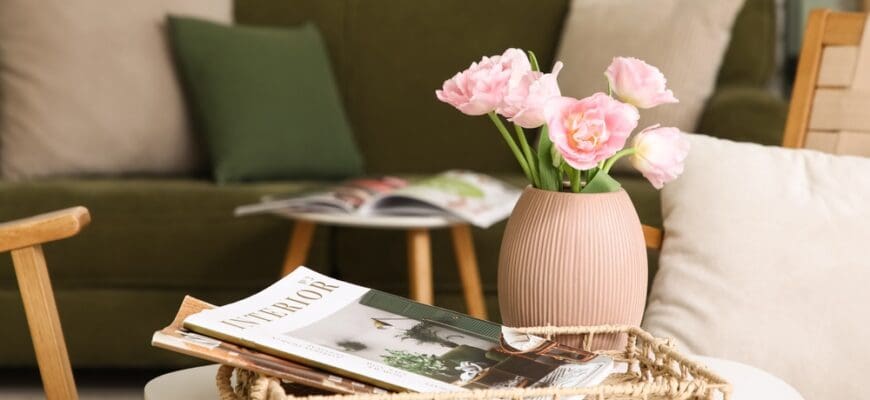 Wicker,Tray,With,Vase,Of,Beautiful,Tulip,Flowers,And,Magazines